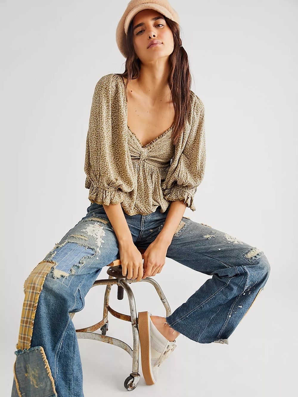 FREE PEOPLE | Olive Floral Smocked Peasant Brittnee Top - Women